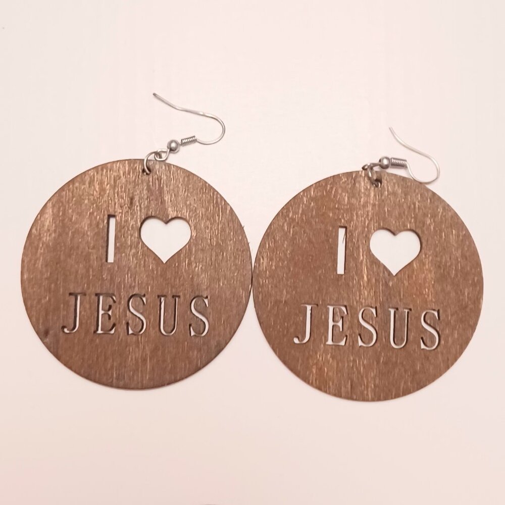 Real Wood I Heart (love) Jesus Circle Cut Out Earrings